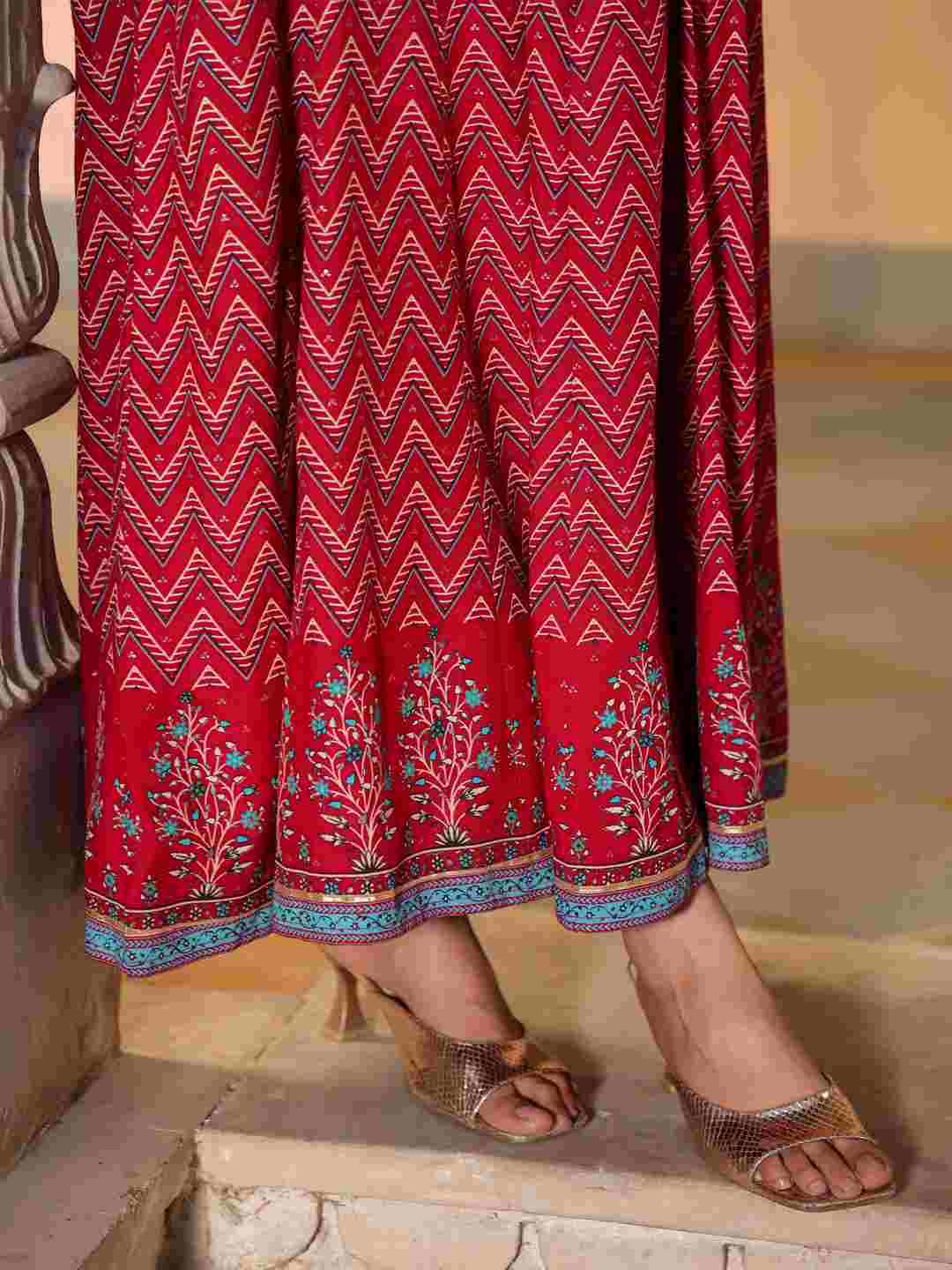 Red Rayon Printed Maxi Dress