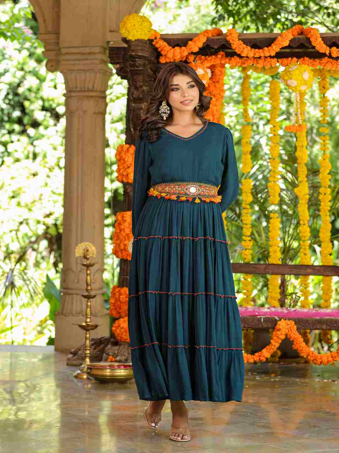 Bottle Green Rayon Crepe Tiered Maxi Dress