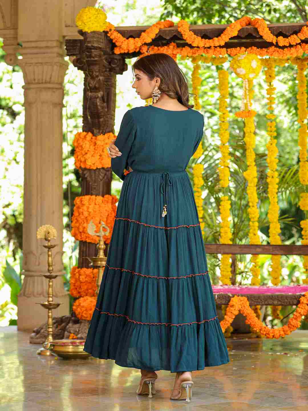 Bottle Green Rayon Crepe Tiered Maxi Dress