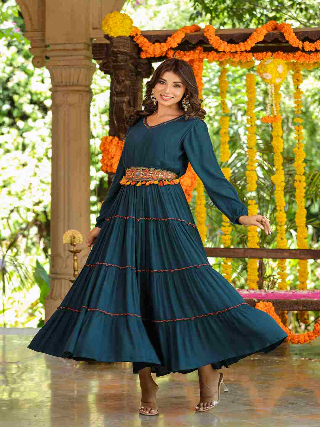 Bottle Green Rayon Crepe Tiered Maxi Dress