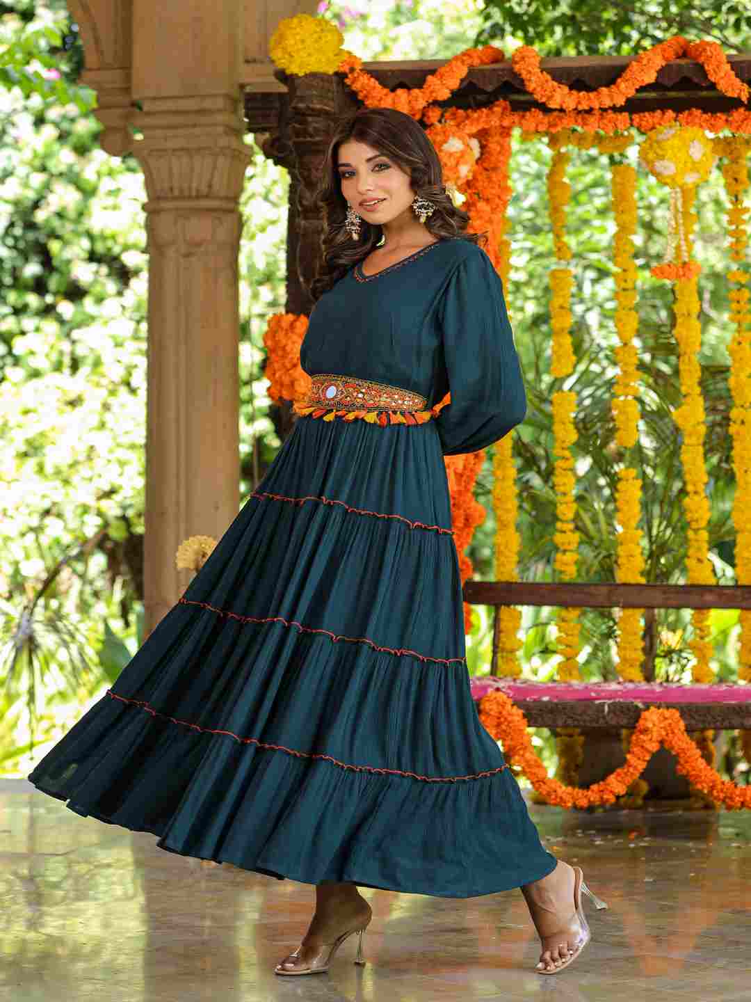 Bottle Green Rayon Crepe Tiered Maxi Dress