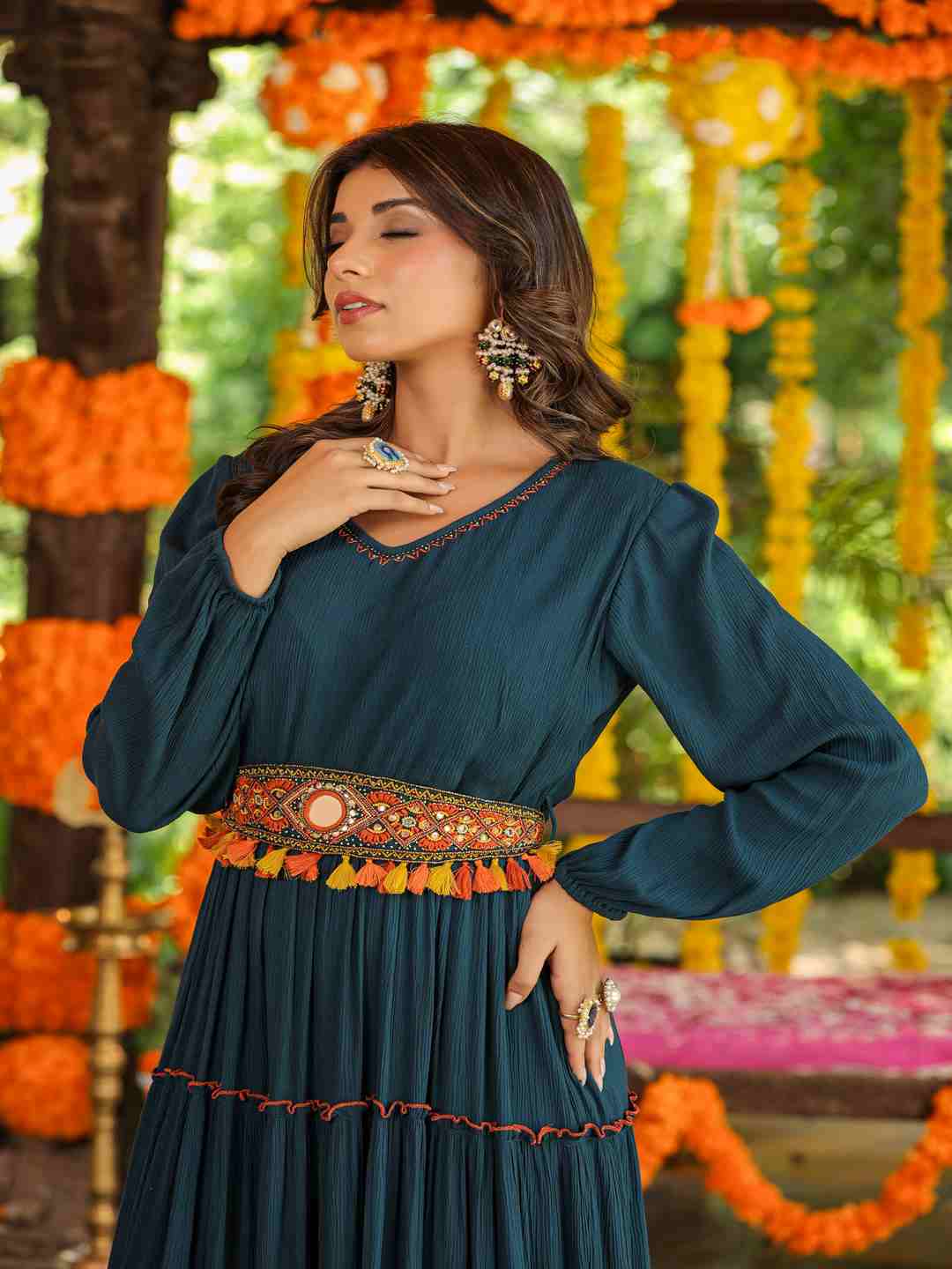 Bottle Green Rayon Crepe Tiered Maxi Dress