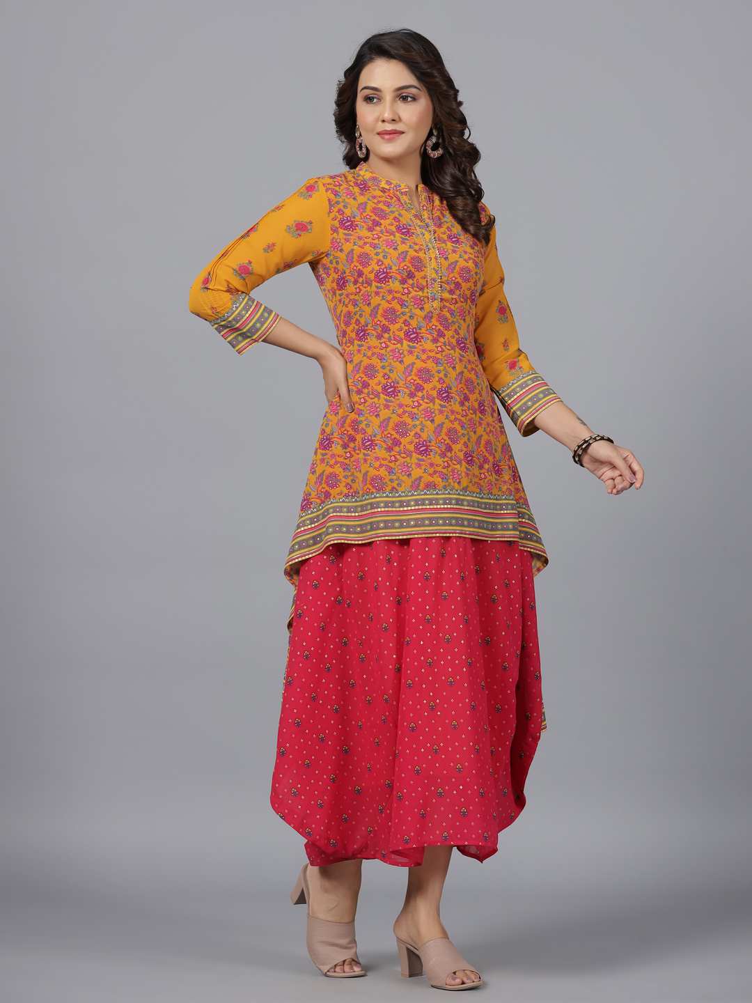 Mustard Floral Printed Georgette Draped Maxi Dress With Sequins Work