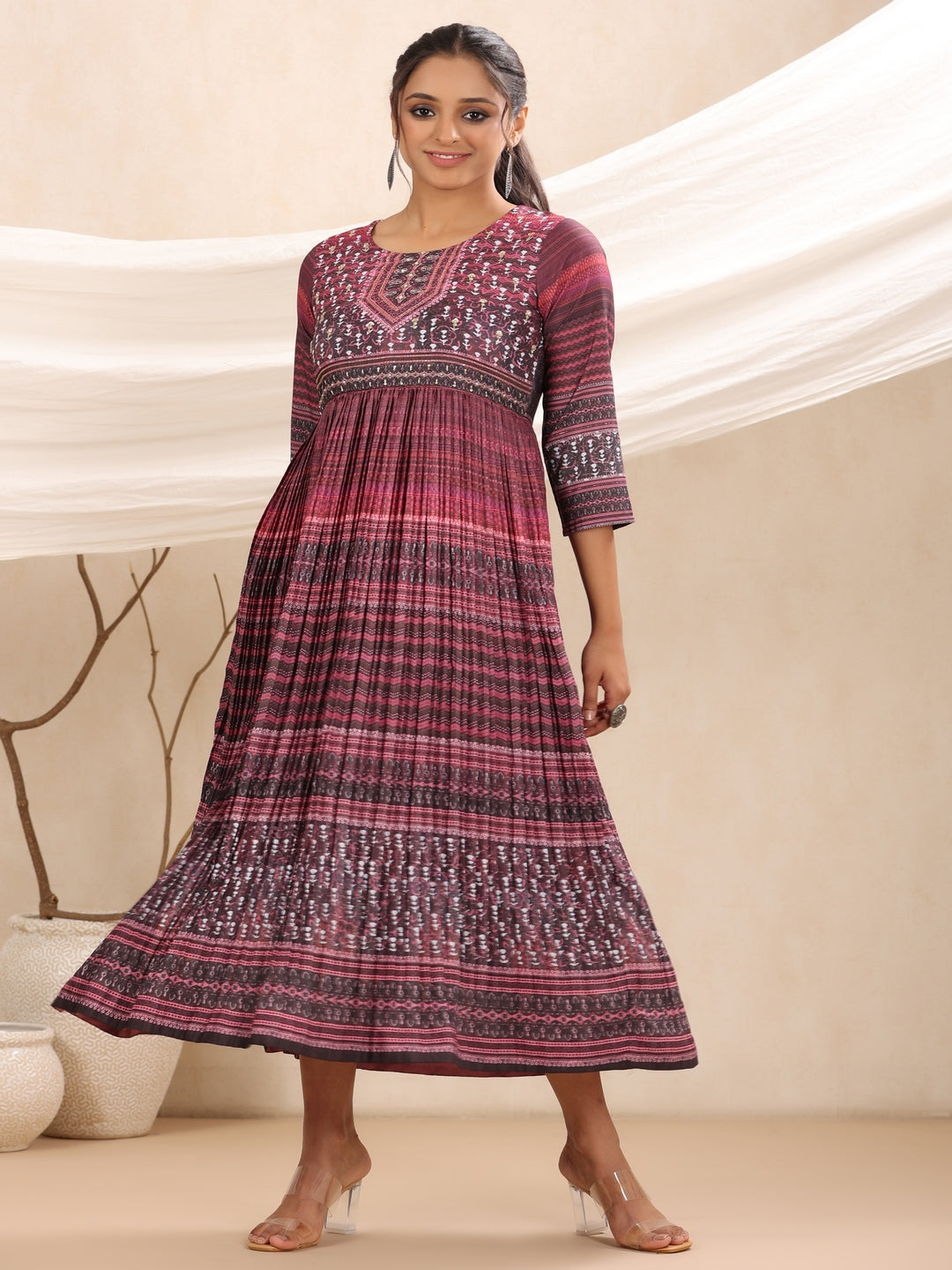 Purple Muslin Maxi Dress With Ethnic Motif Print With Sequins & Beads Work