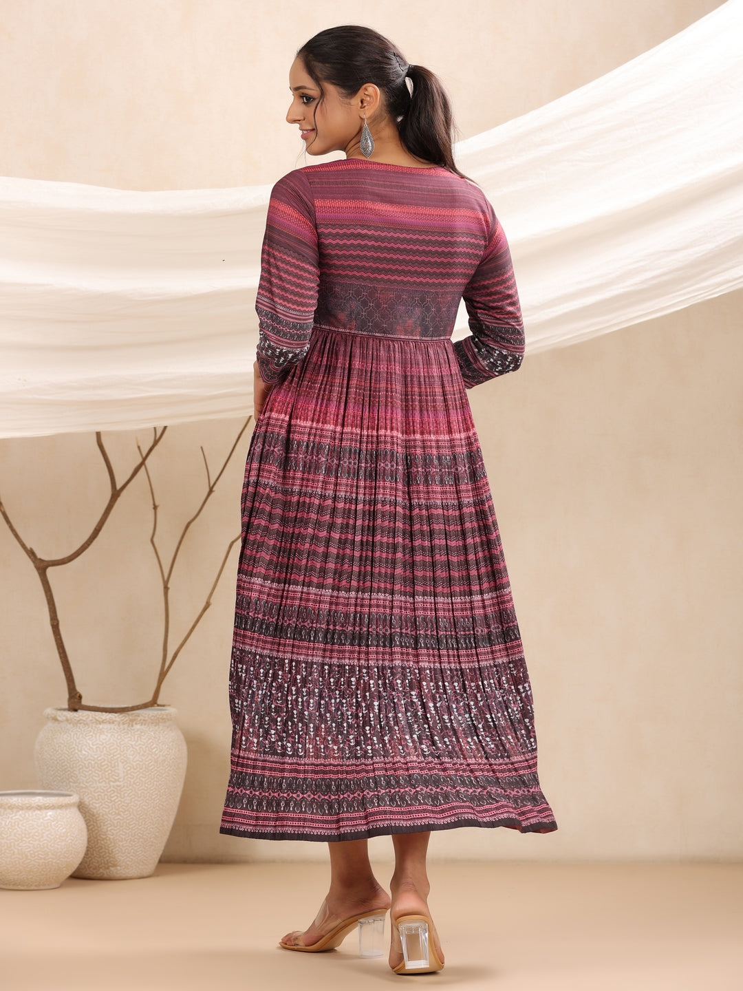 Purple Muslin Maxi Dress With Ethnic Motif Print With Sequins & Beads Work