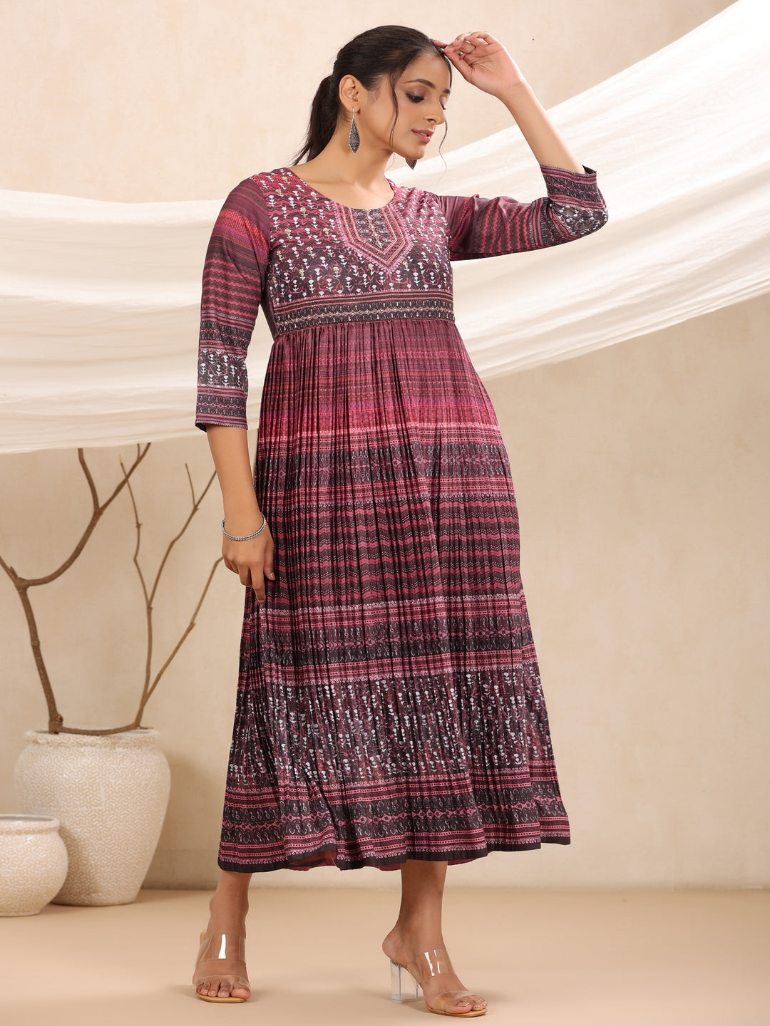 Purple Muslin Maxi Dress With Ethnic Motif Print With Sequins & Beads Work