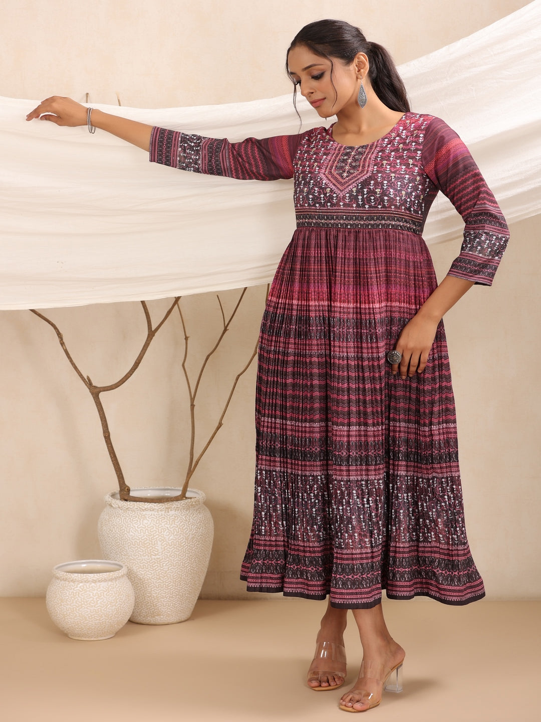 Purple Muslin Maxi Dress With Ethnic Motif Print With Sequins & Beads Work