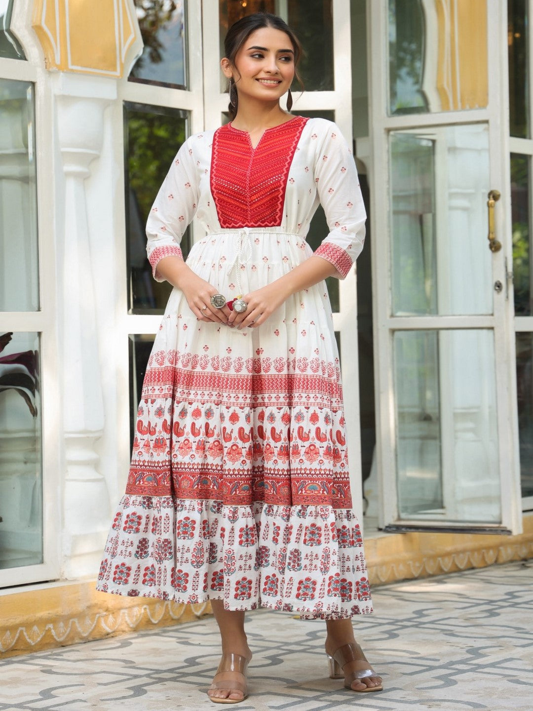 Maroon Ethnic Motif Printed Pure Cotton Tiered Maxi Dress With Sequins & Thread Work Embroidery