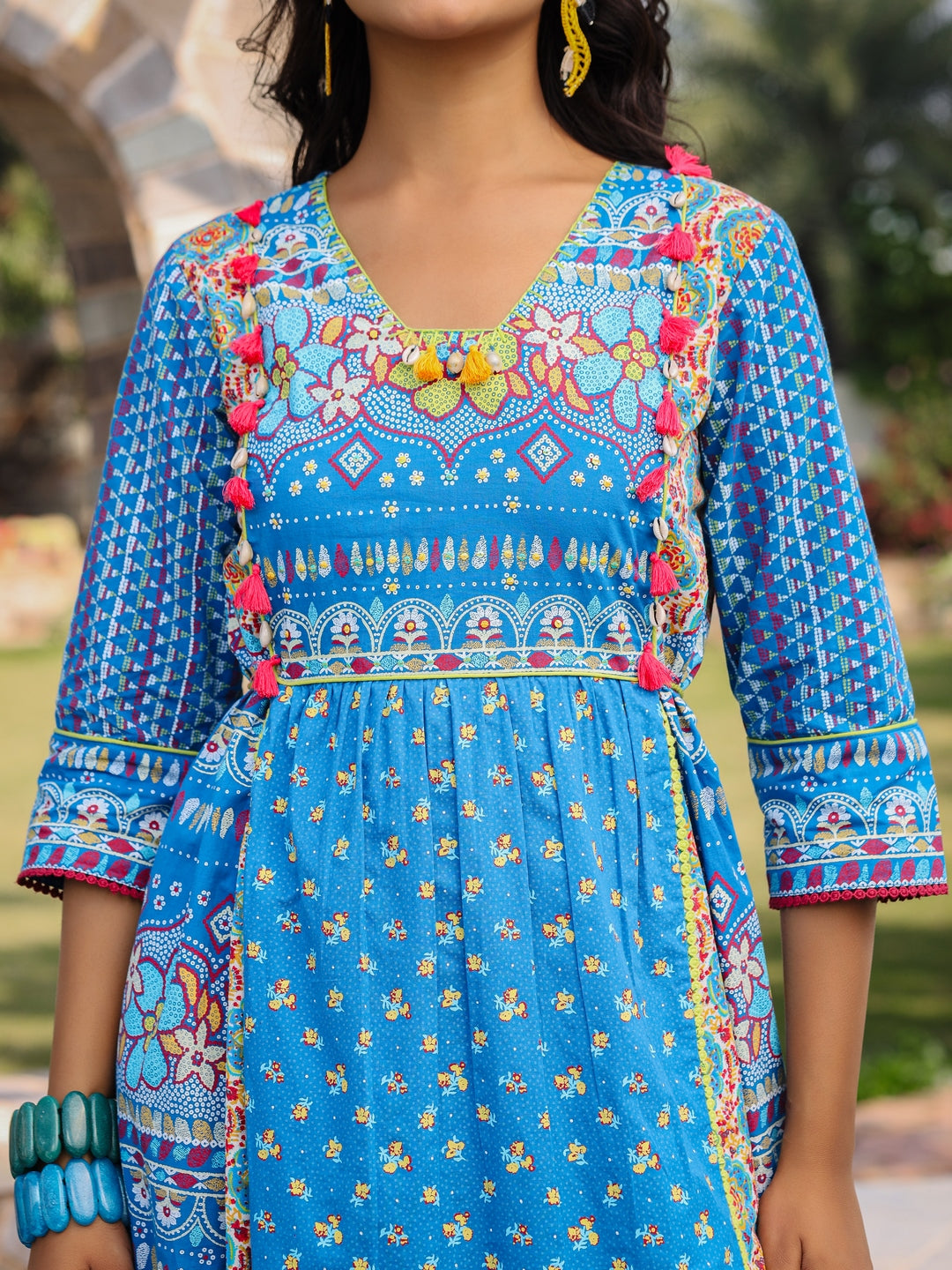 Blue Floral Printed Pure Cotton Dress With Beads & Sequins Work