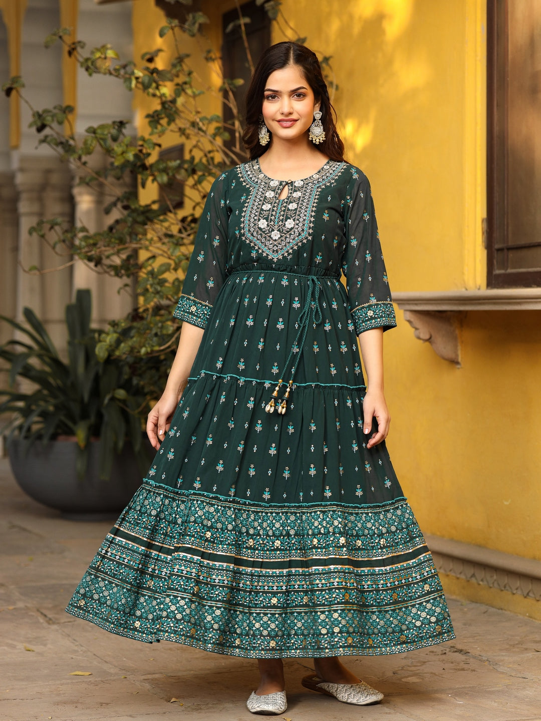 Green Ethnic Motif Printed Georgette Maxi Dress & Dori With Thread Wor Trendphoria Green Ethnic Motif Printed Georgette Maxi Dress & Dori With Thread Wor Trendphoria