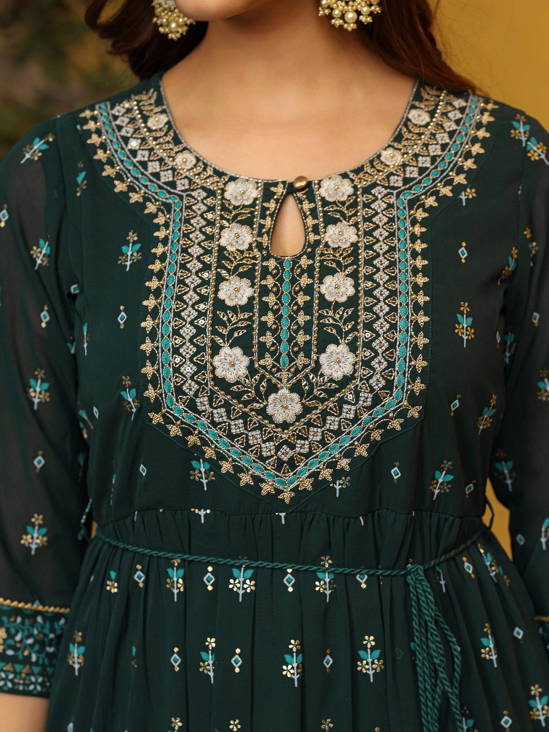 Green Ethnic Motif Printed Georgette Maxi Dress & Dori With Thread Work