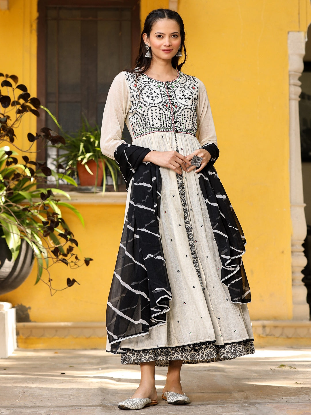 Off-White & Black Cotton Embroidered Anarkali Dress With Jacket & Tie-Dye Dupatta