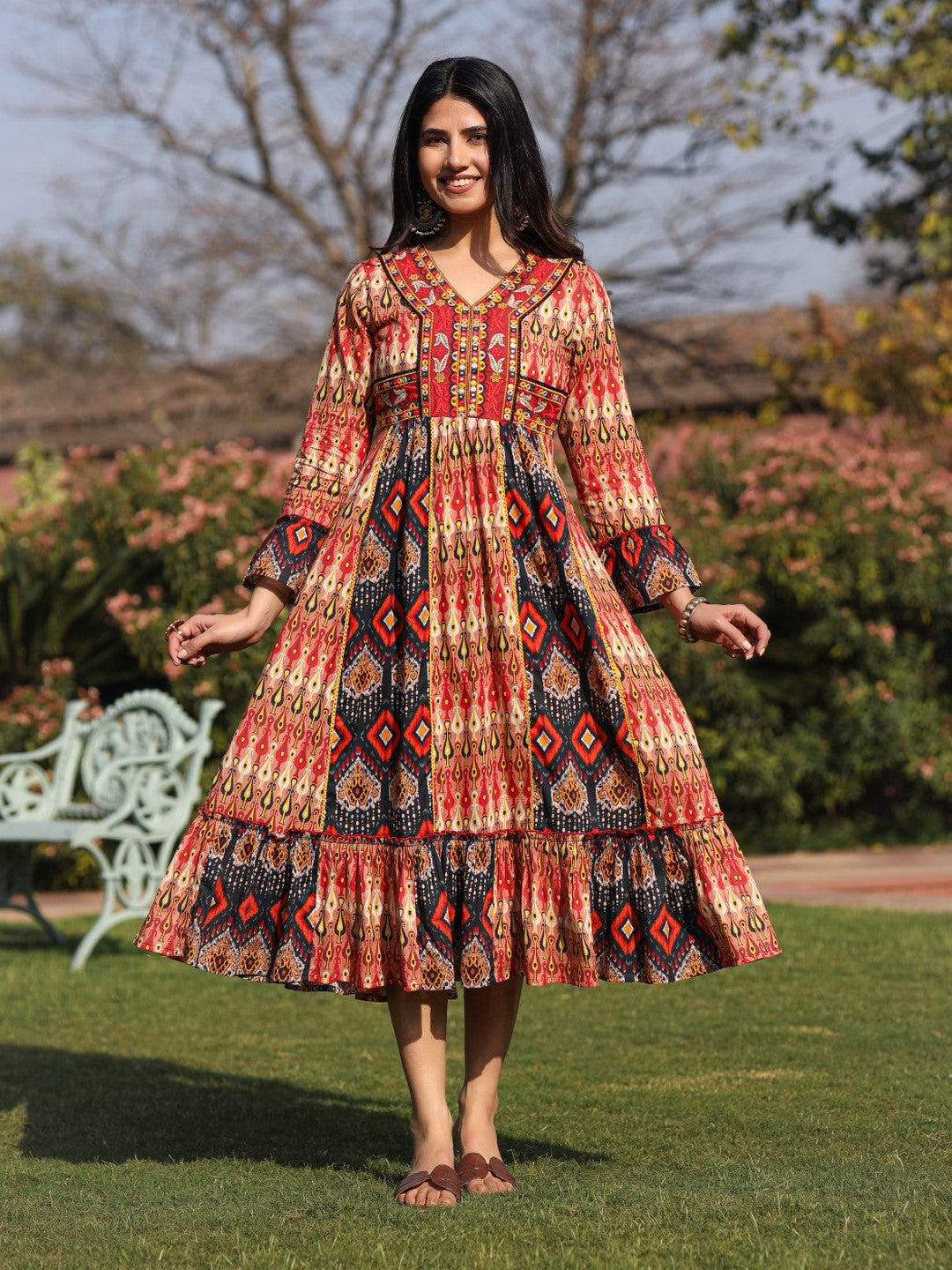 Rust Ikat Printed Cotton Maxi Dress With Embroidered Neckline Trendphoria Rust Ikat Printed Cotton Maxi Dress With Embroidered Neckline Trendphoria
