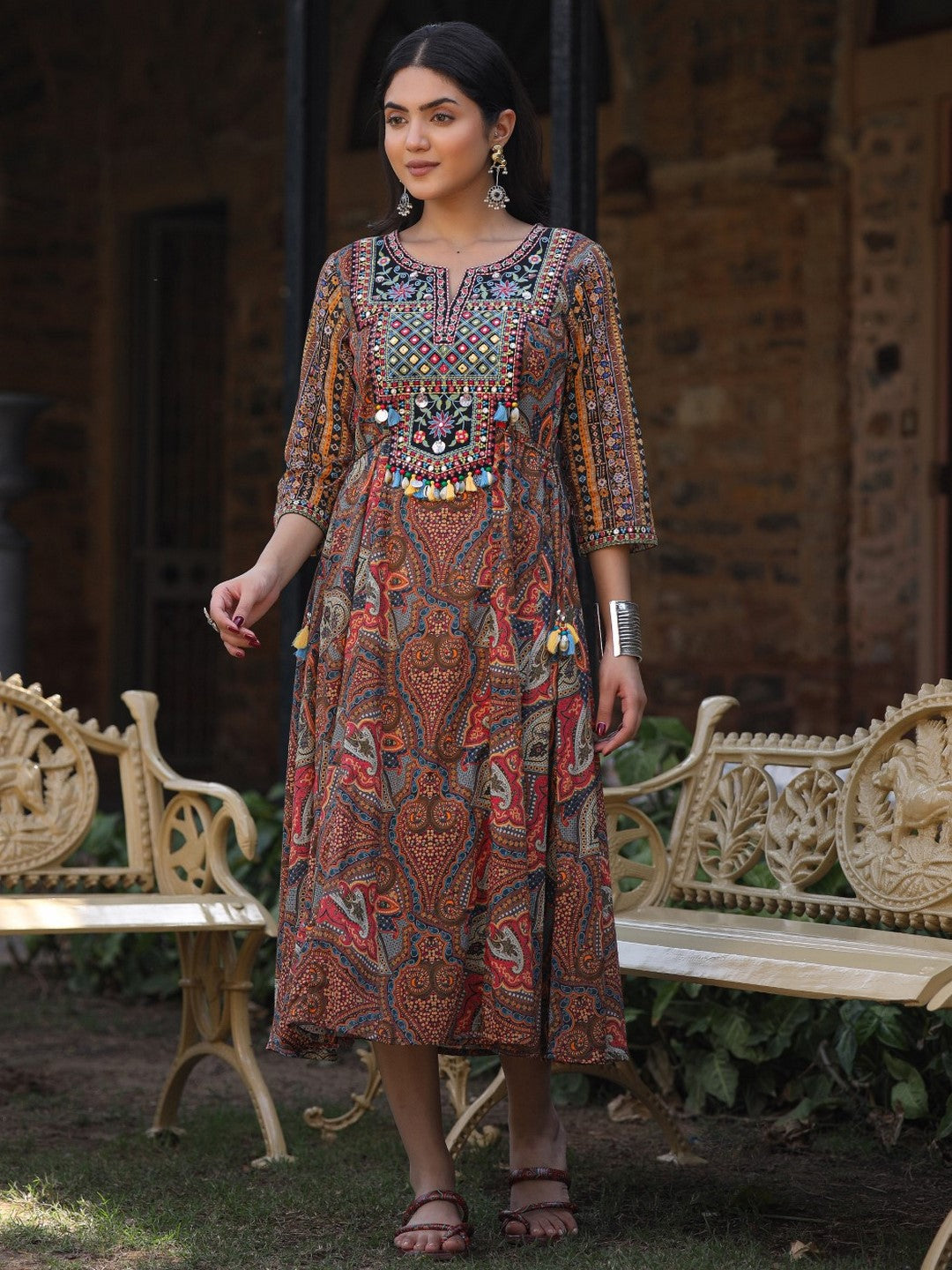 Multi Colored Cotton Ethnic Motif Printed Maxi Dress With Embroidered Yoke