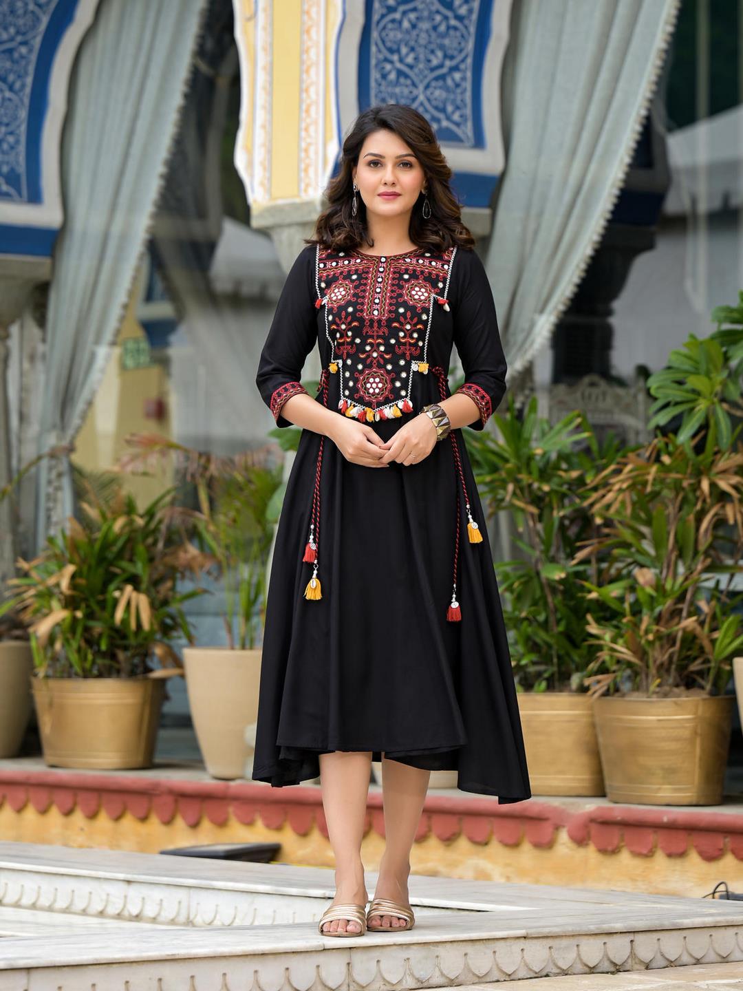 Black Thread Embroidered Liva Rayon A-Line Dress With Tassel Kaudis & Trendphoria Black Thread Embroidered Liva Rayon A-Line Dress With Tassel Kaudis & Trendphoria