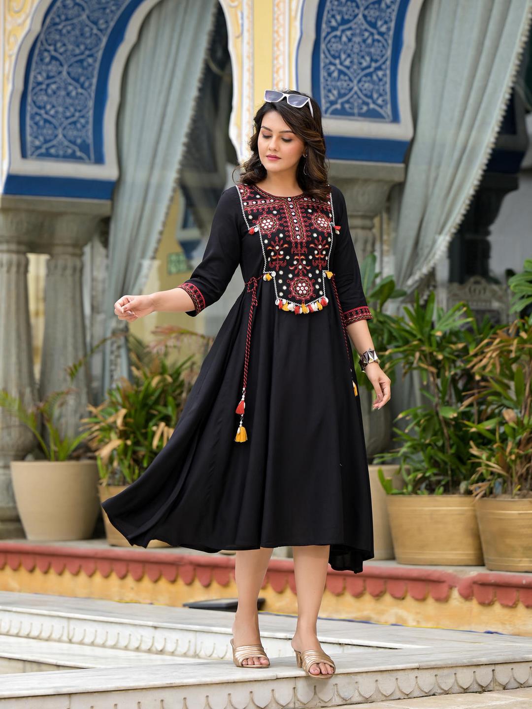 Black Thread Embroidered Liva Rayon A-Line Dress With Tassel Kaudis & Doris At Waist