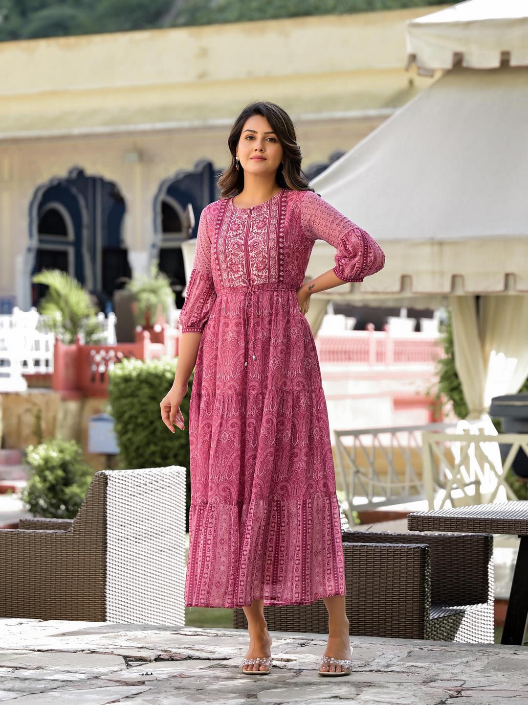ethnic pink dress Juniper Pink Ethnic Chiffon Dress With Sequins & Lace Work