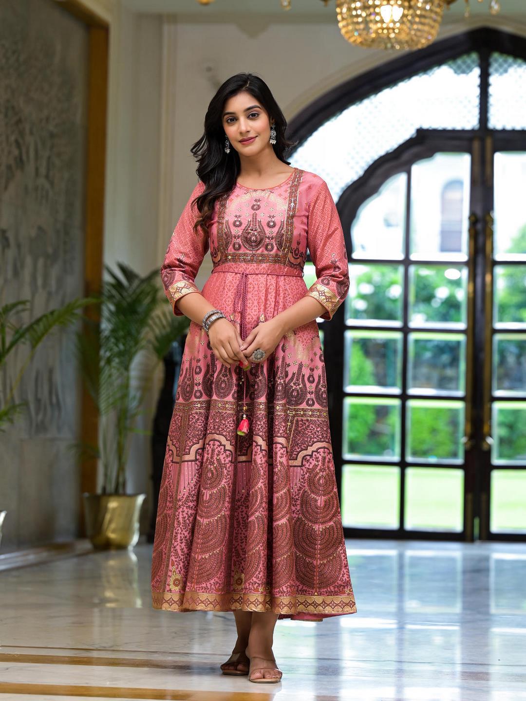 Onion Pink Santoon Printed Fit & Flare Maxi Dress With Beads & Dori On Waist