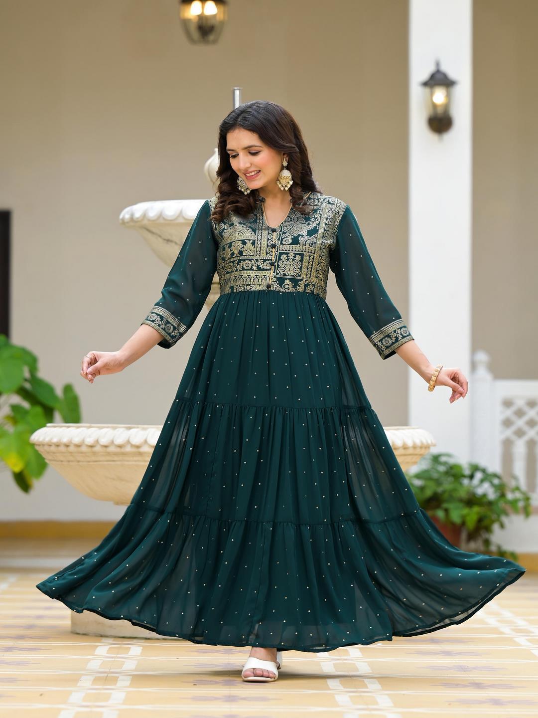 georgette dress Green Floral Printed Georgette Dress With Sequins