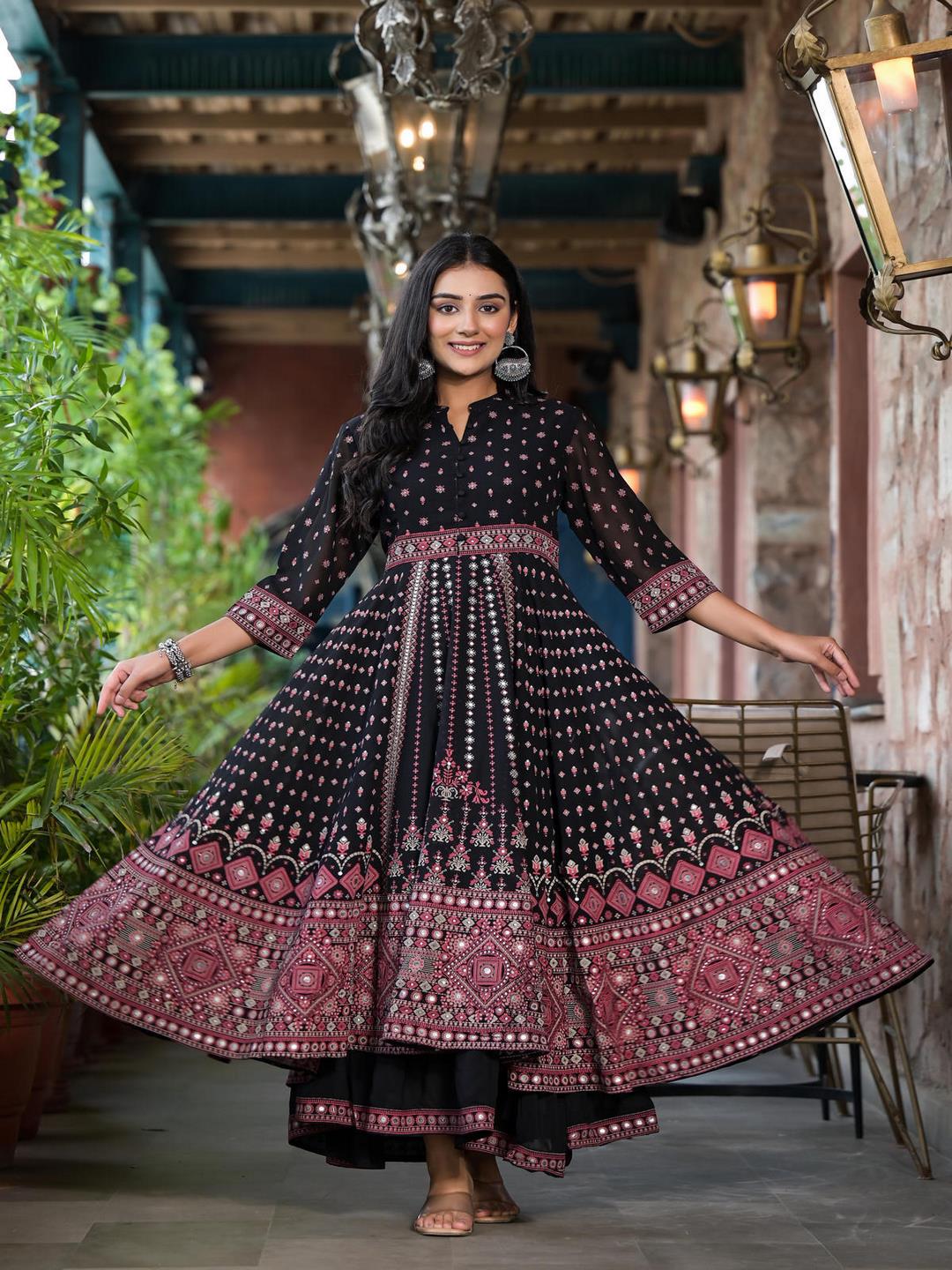Black Ethnic Motif Printed Georgette A-Line Dress With Mirror Work & S Trendphoria Black Ethnic Motif Printed Georgette A-Line Dress With Mirror Work & S Trendphoria