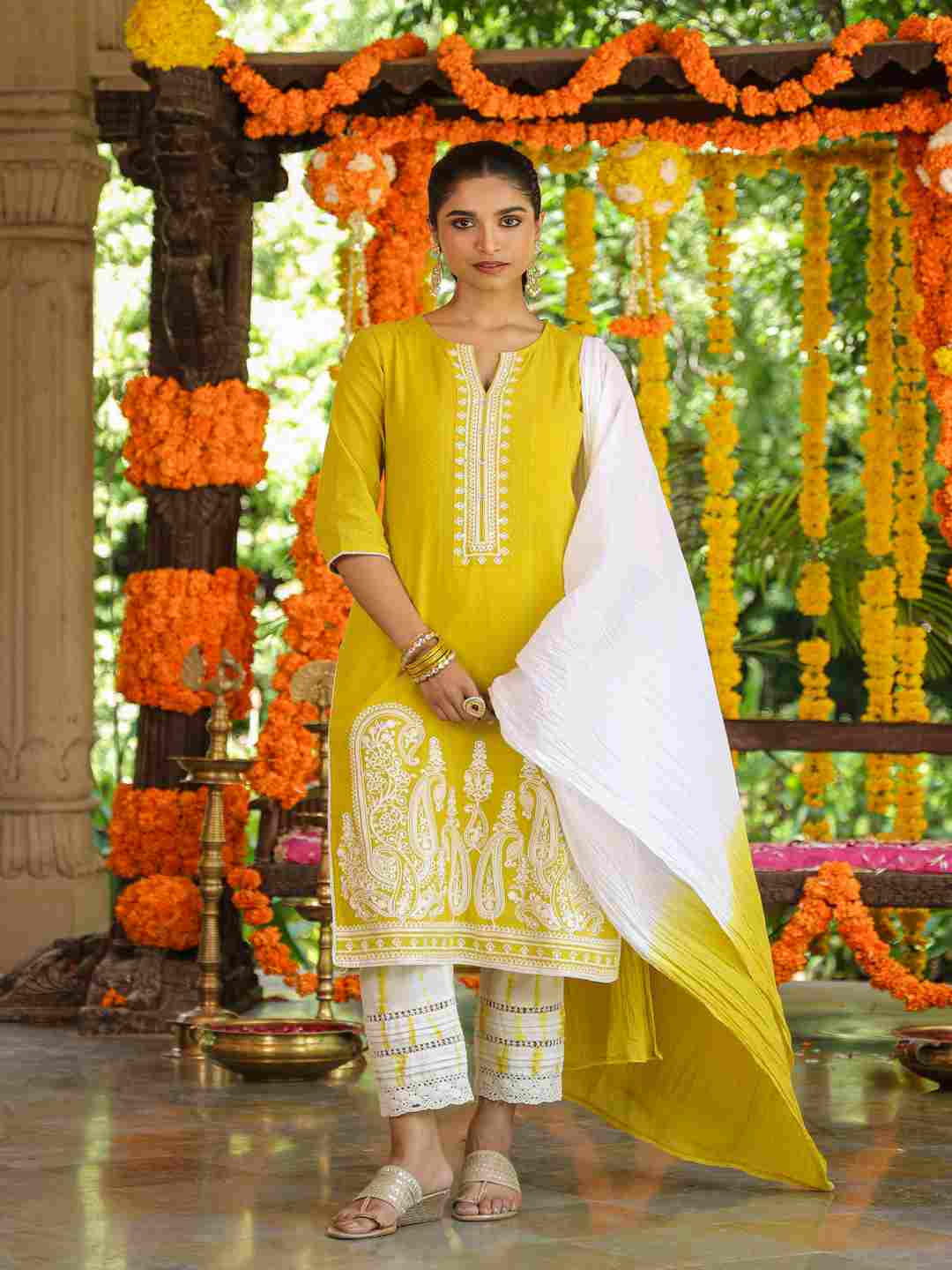 Lime Cotton Dobby Embroidered Kurta, Pants & Dupatta Set