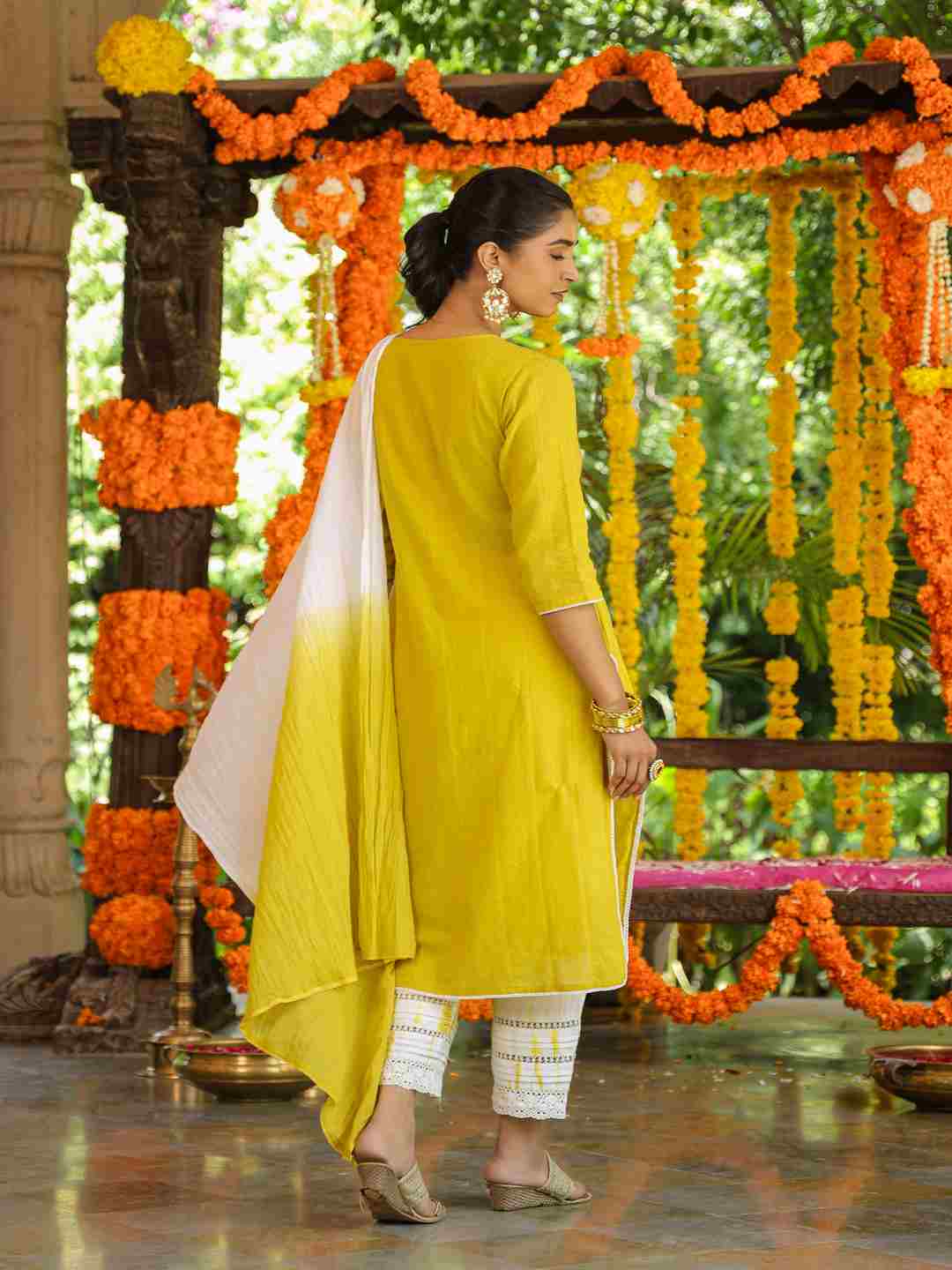 Lime Cotton Dobby Embroidered Kurta, Pants & Dupatta Set
