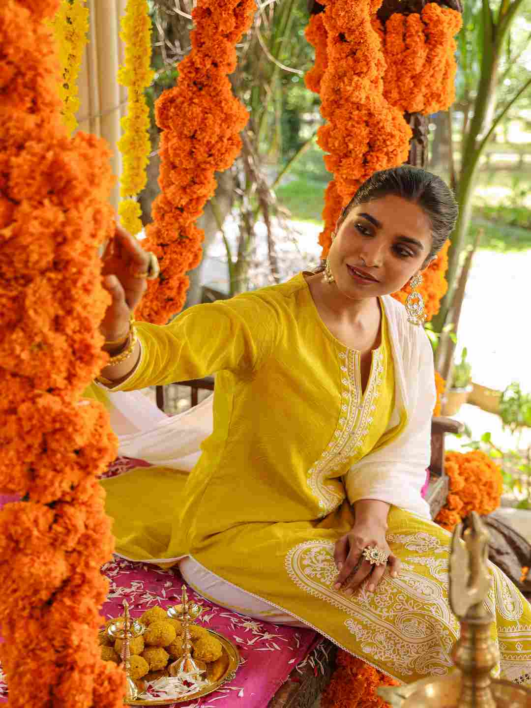 Lime Cotton Dobby Embroidered Kurta, Pants & Dupatta Set