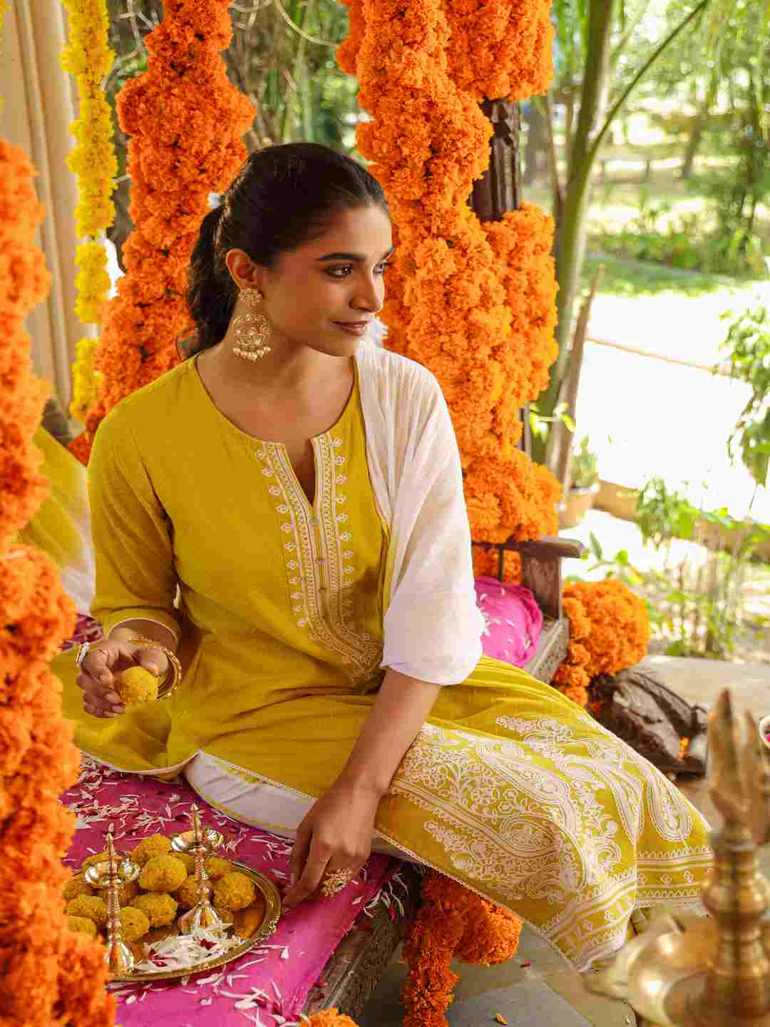 Lime Cotton Dobby Embroidered Kurta, Pants & Dupatta Set