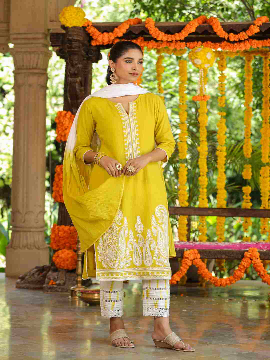 Lime Cotton Dobby Embroidered Kurta, Pants & Dupatta Set