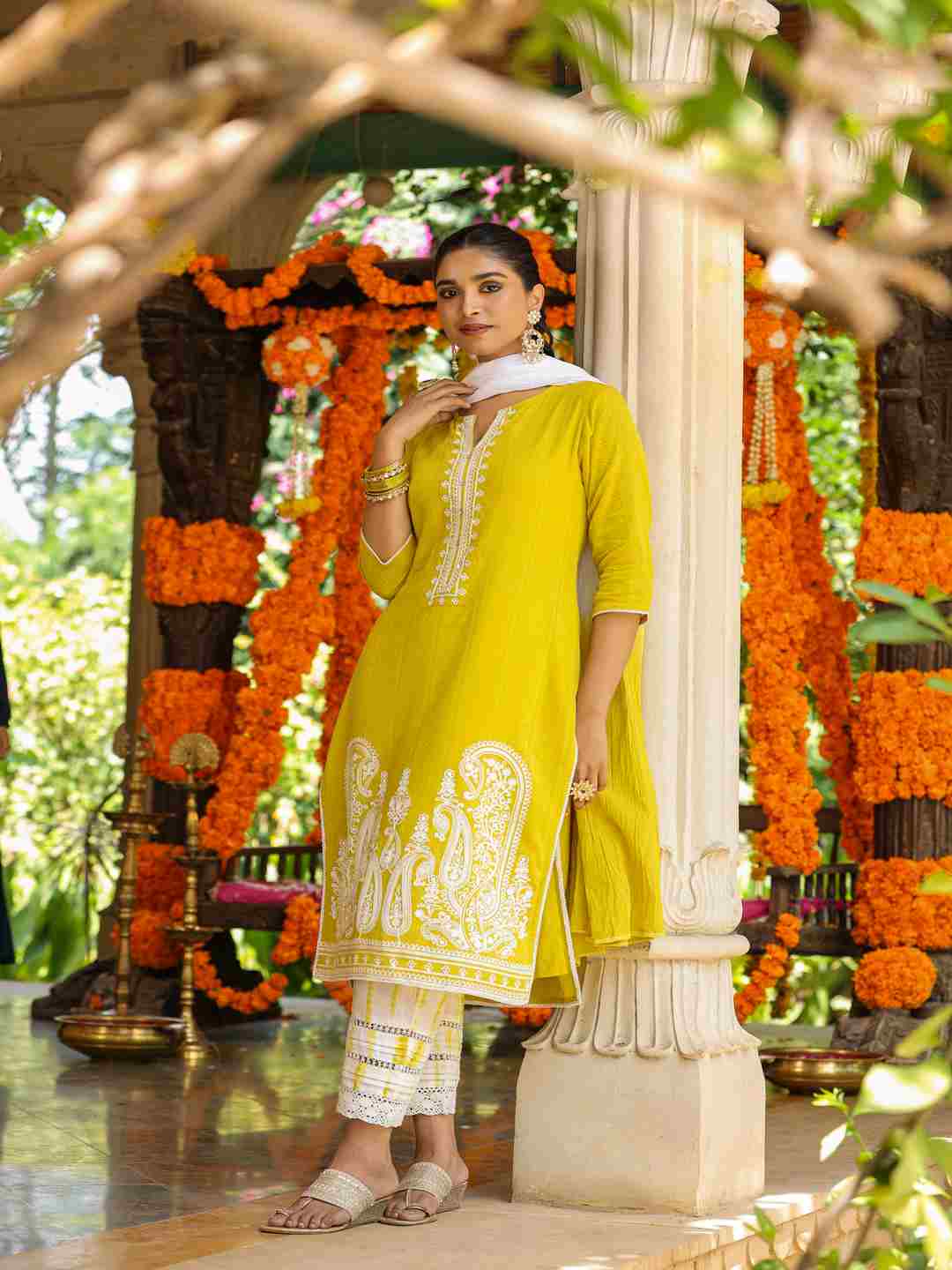 Lime Cotton Dobby Embroidered Kurta, Pants & Dupatta Set