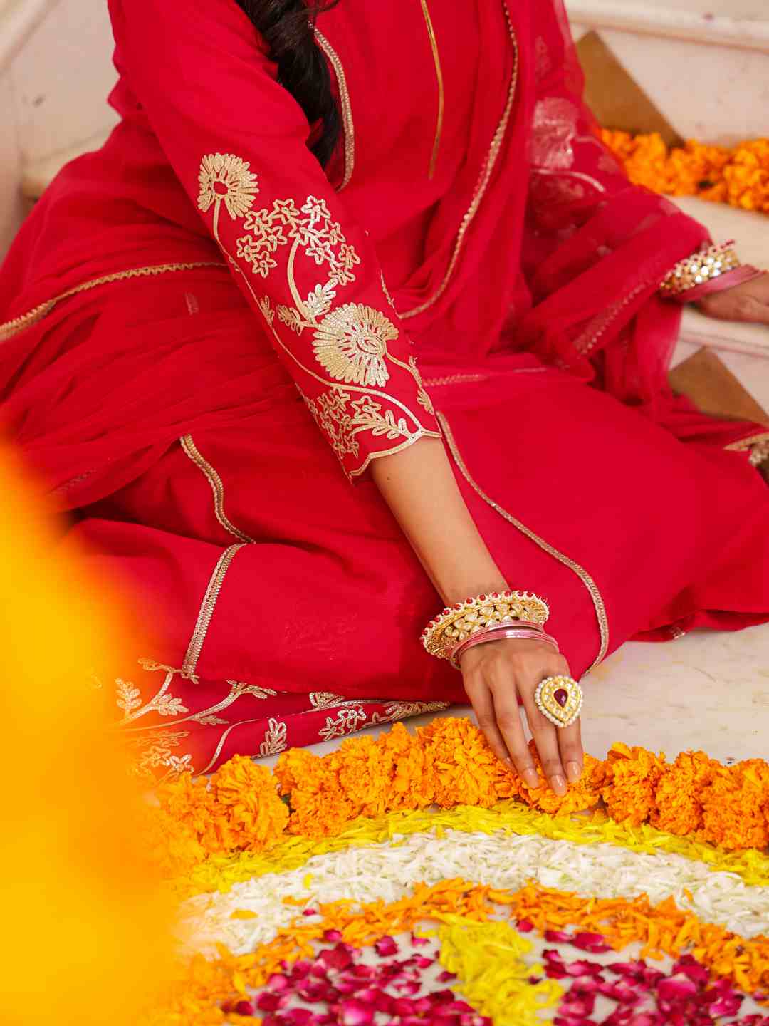 Fuchsia Chanderi Gota Patti Kurta, Palazzo & Dupatta Set