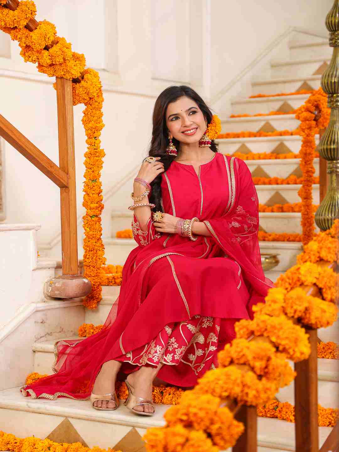 Fuchsia Chanderi Gota Patti Kurta, Palazzo & Dupatta Set