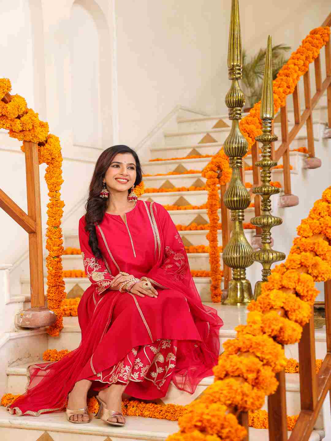 Fuchsia Chanderi Gota Patti Kurta, Palazzo & Dupatta Set