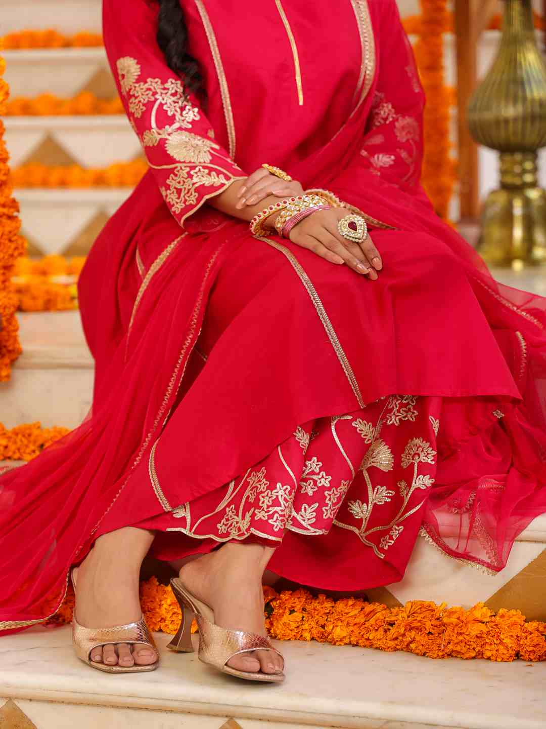 Fuchsia Chanderi Gota Patti Kurta, Palazzo & Dupatta Set
