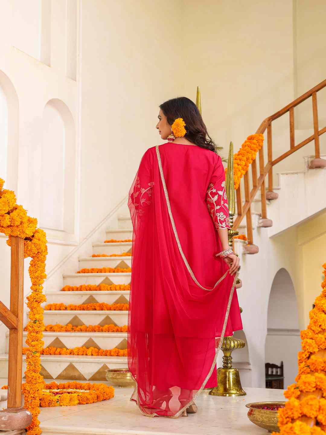 Fuchsia Chanderi Gota Patti Kurta, Palazzo & Dupatta Set
