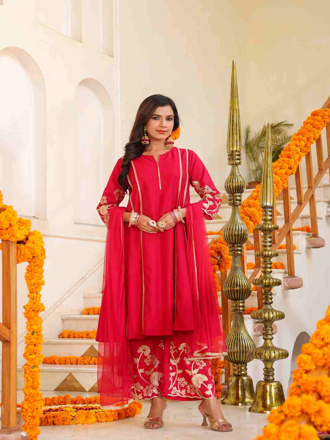 Fuchsia Chanderi Gota Patti Kurta, Palazzo & Dupatta Set