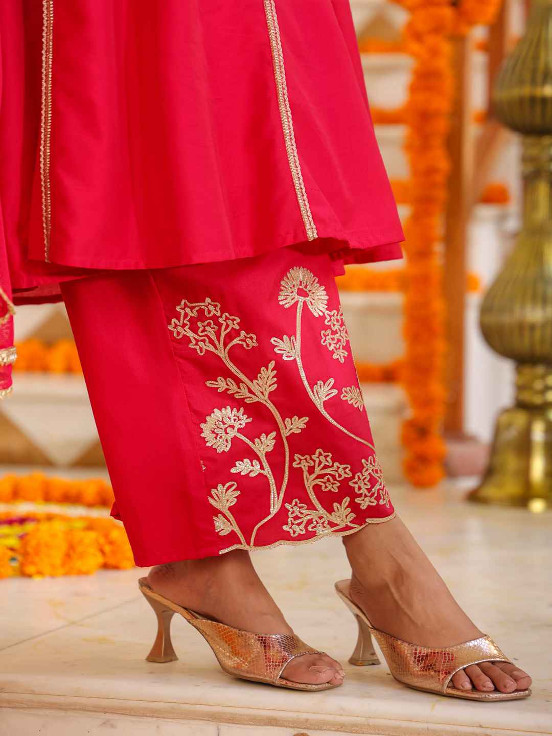 Fuchsia Chanderi Gota Patti Kurta, Palazzo & Dupatta Set