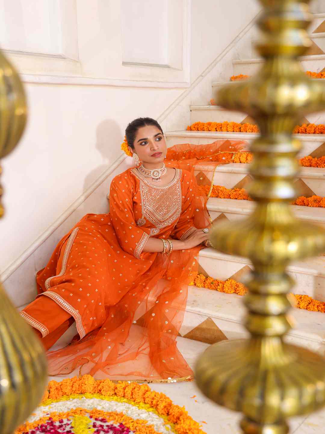 Orange Chanderi Embroidered Kurta, Palazzo & Dupatta Set