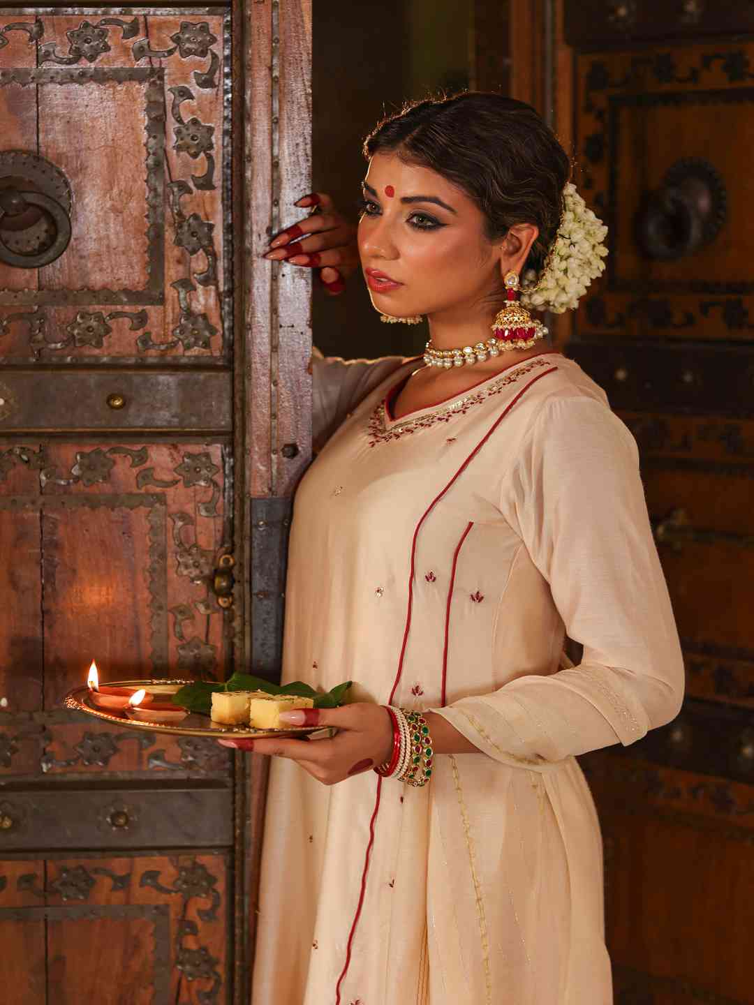 Beige Chanderi Embroidered Kurta, Pants & Dupatta Set