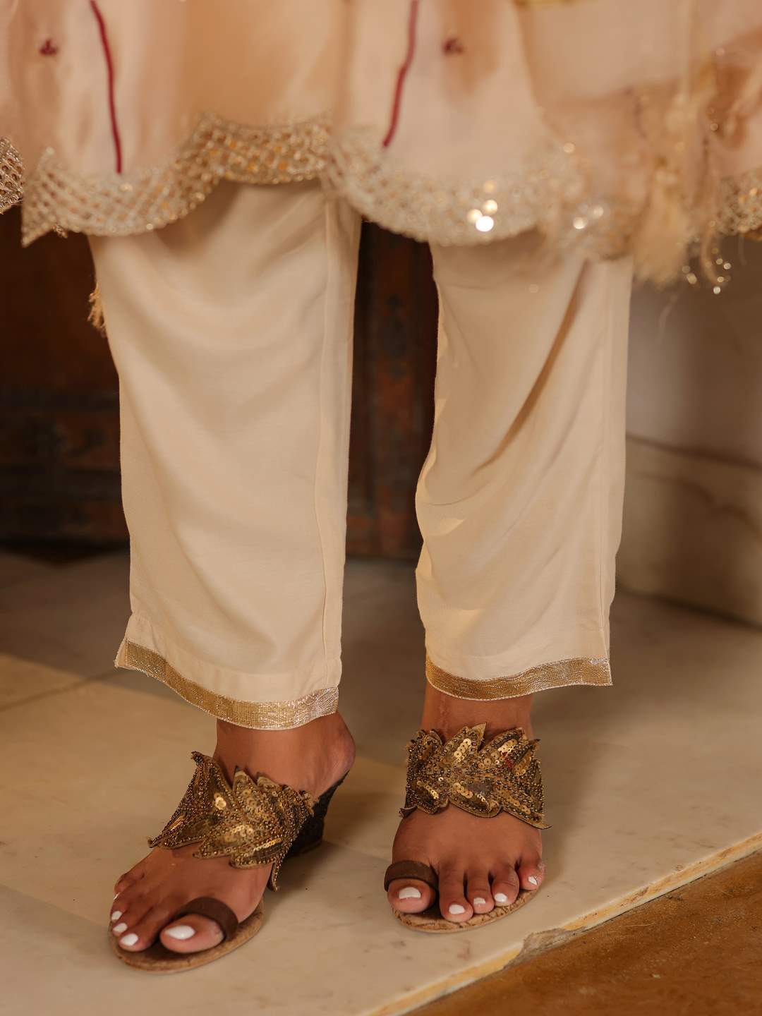 Beige Chanderi Embroidered Kurta, Pants & Dupatta Set