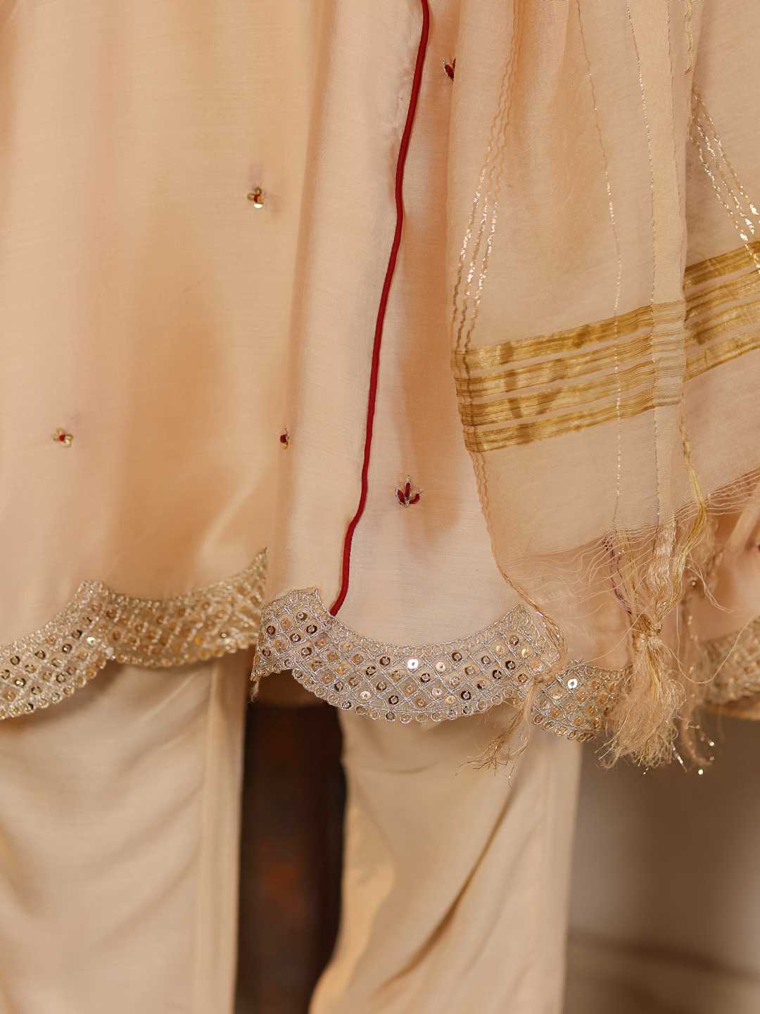 Beige Chanderi Embroidered Kurta, Pants & Dupatta Set