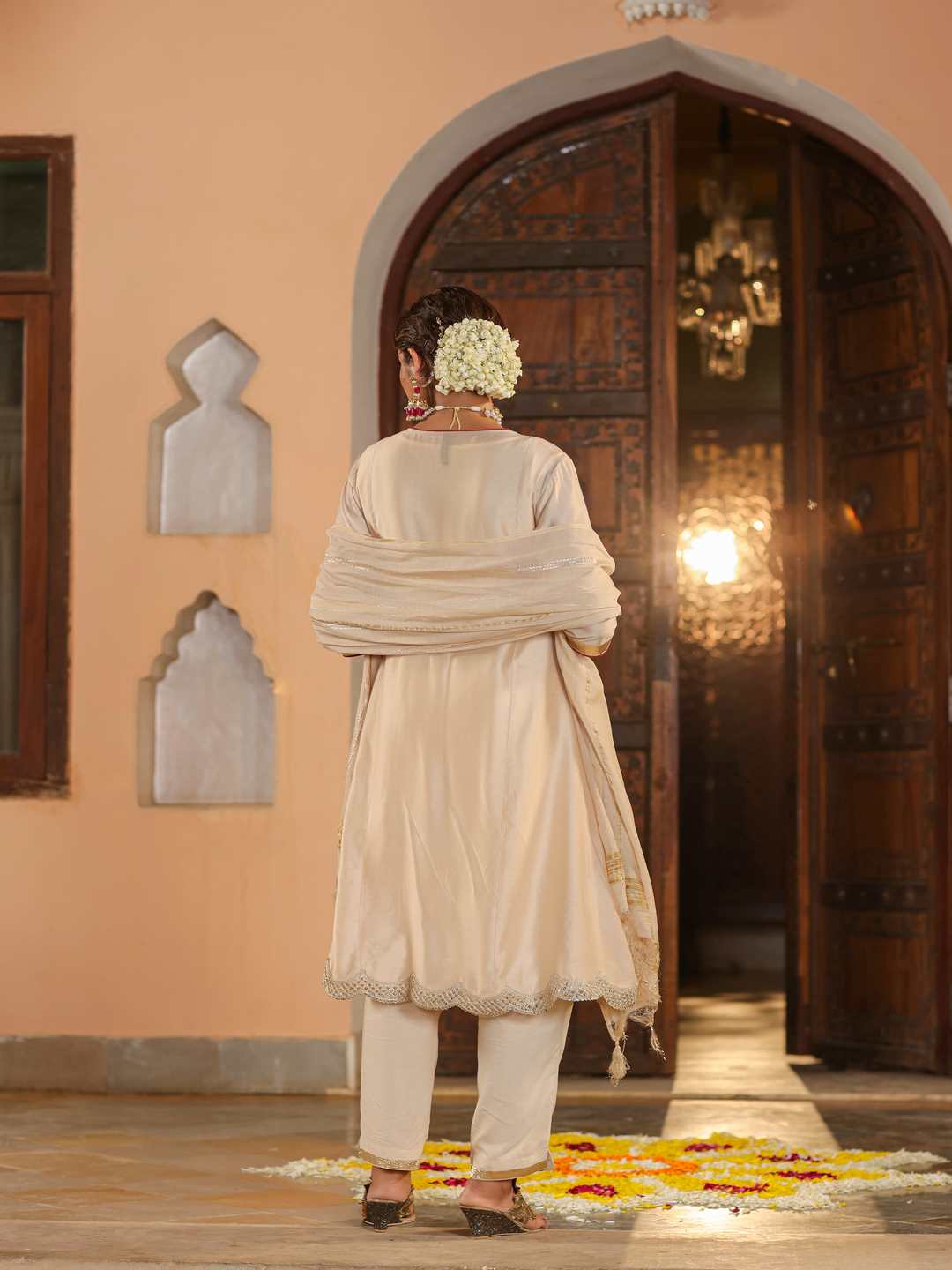 Beige Chanderi Embroidered Kurta, Pants & Dupatta Set