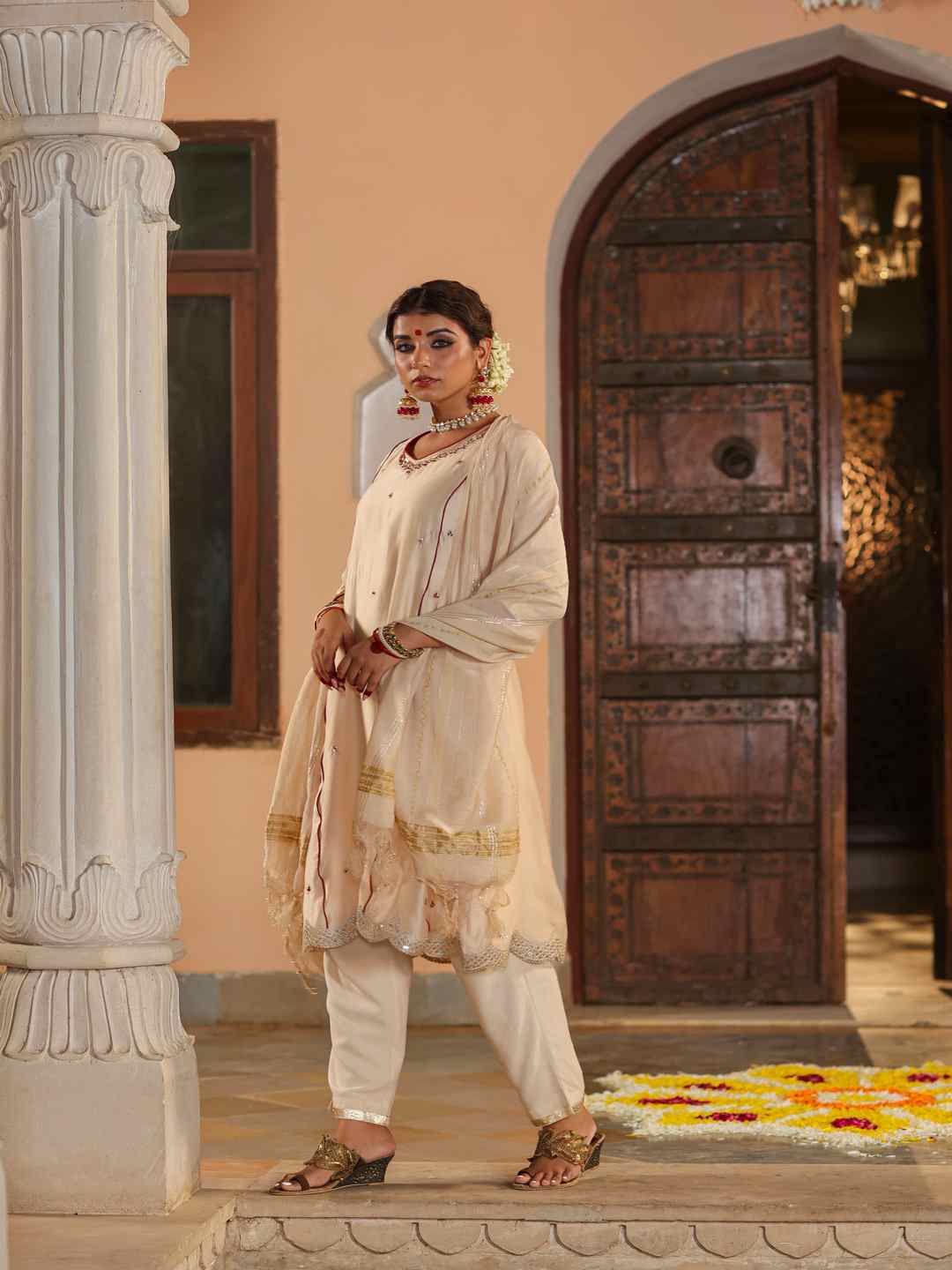 Beige Chanderi Embroidered Kurta, Pants & Dupatta Set