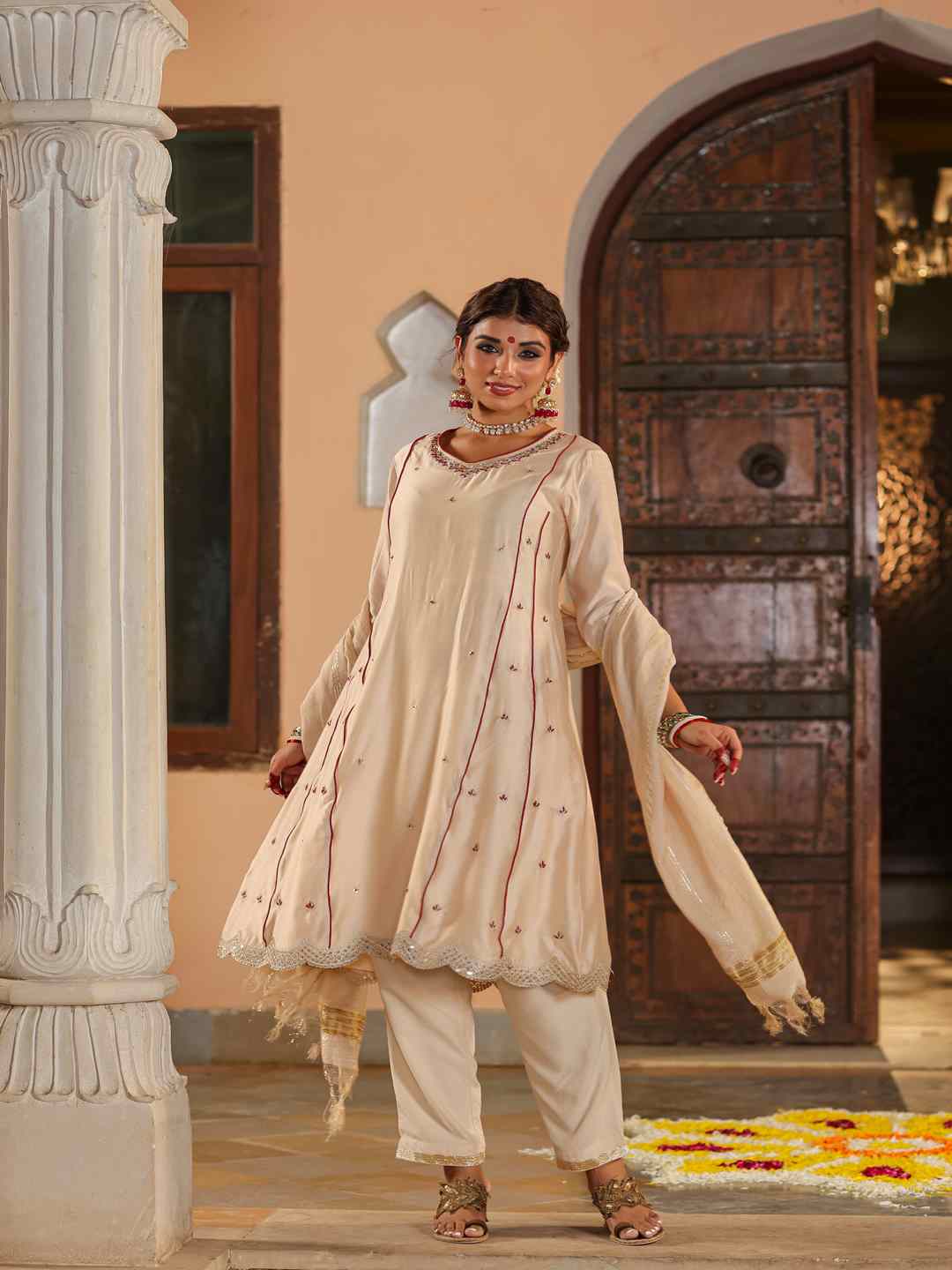 Beige Chanderi Embroidered Kurta, Pants & Dupatta Set
