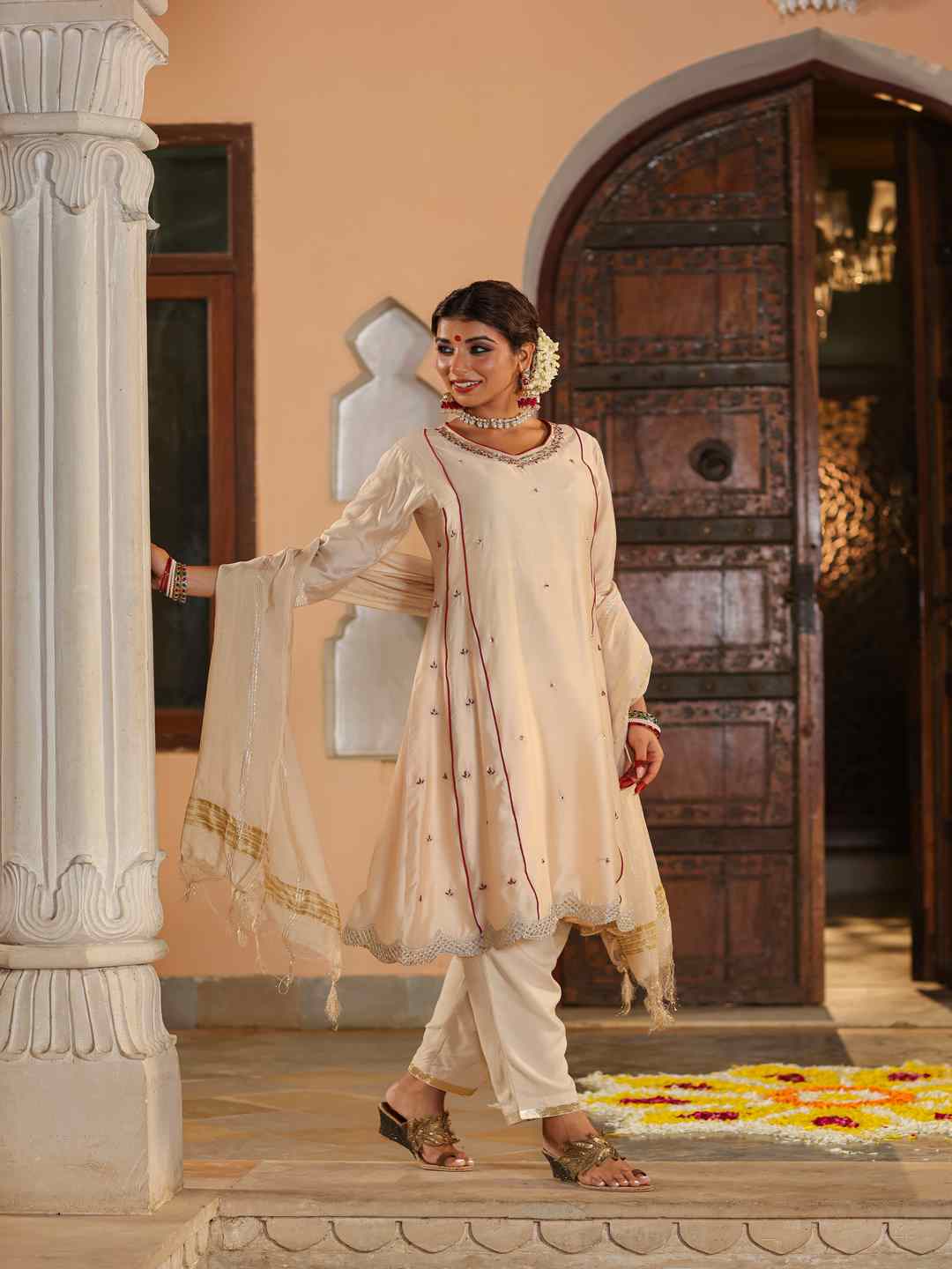 Beige Chanderi Embroidered Kurta, Pants & Dupatta Set
