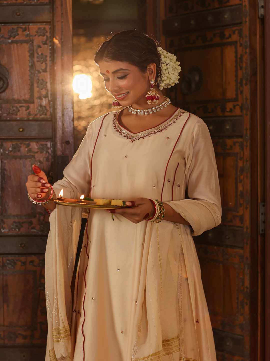 Beige Chanderi Embroidered Kurta, Pants & Dupatta Set