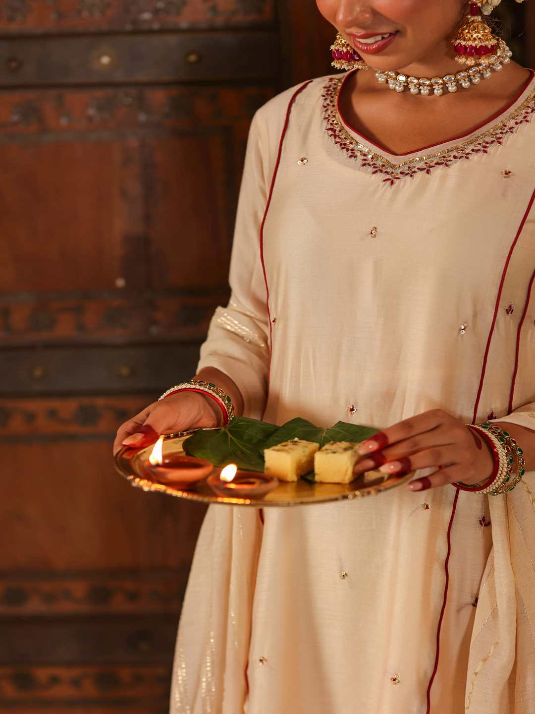 Beige Chanderi Embroidered Kurta, Pants & Dupatta Set