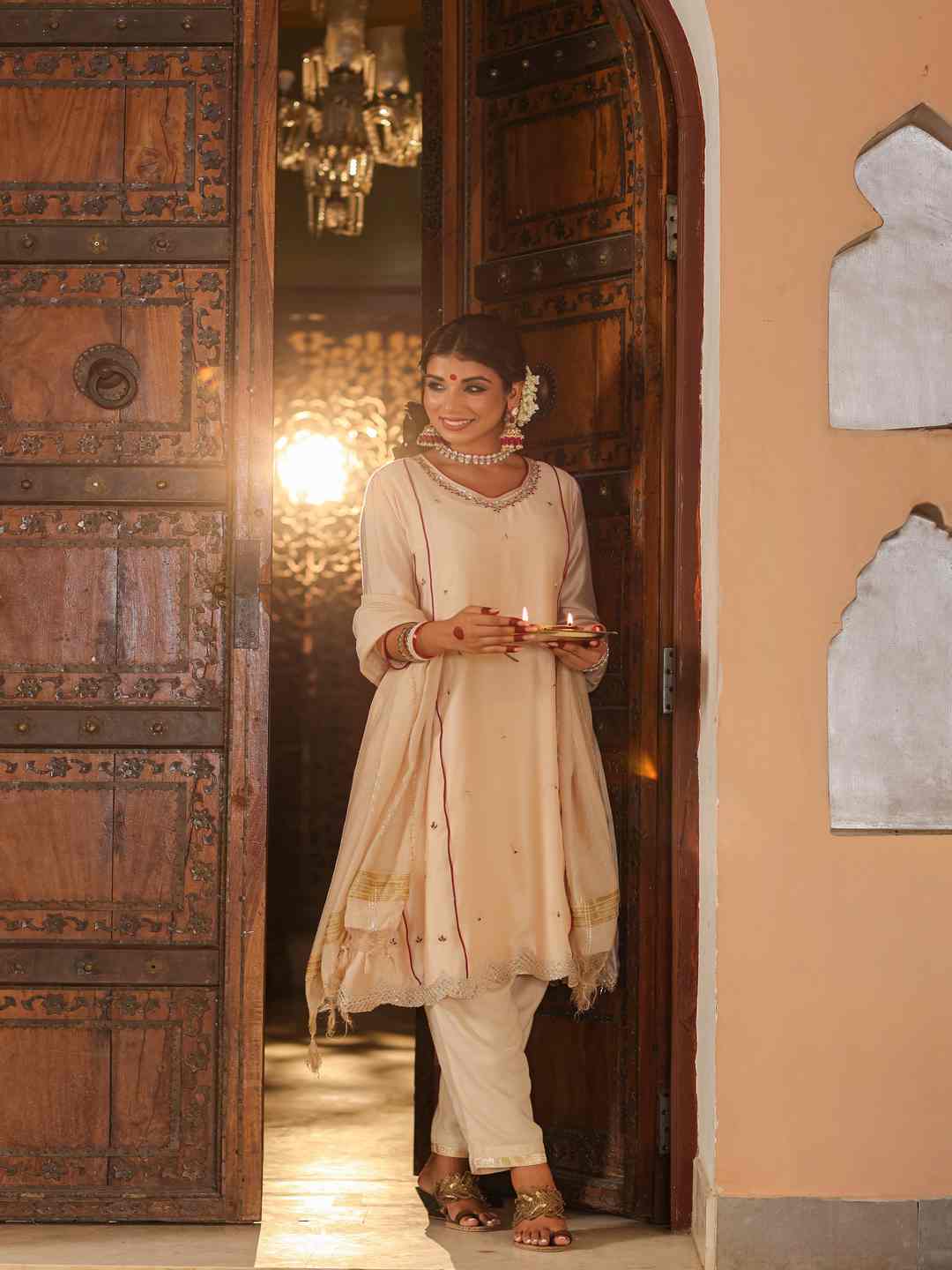 Beige Chanderi Embroidered Kurta, Pants & Dupatta Set