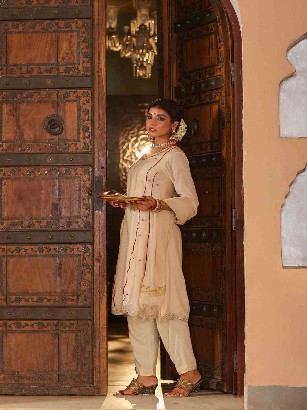 Beige Chanderi Embroidered Kurta, Pants & Dupatta Set