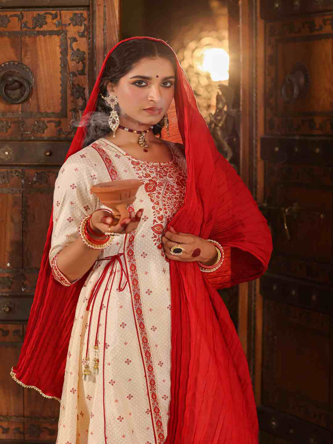 Beige Viscose Shantoon Printed Kurta, Pants & Dupatta Set
